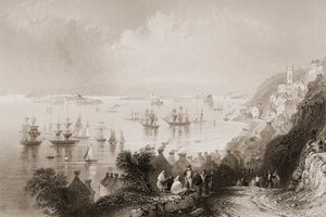 Cobh Harbour, Cork, Irlanti, George Virtuen teoksesta "Scenery and Antiquities of Ireland", 1860-luku tekijältä William Henry Bartlett