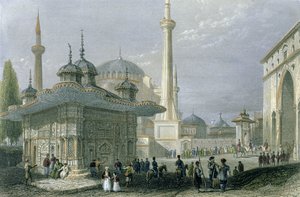 Pyhän Sofian suihkulähde ja aukio, Istanbul, kaivertaja T. Higham, noin 1850 (akvatintta). tekijältä William Henry Bartlett
