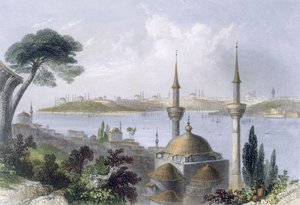 Yleiskuva Konstantinopolista Scutarista, n. 1850 (värillinen akvatinta) tekijältä William Henry Bartlett