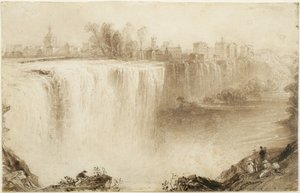 Genesee Falls, Rochester, New York: Study for an Engraving, 1836 (ruskea mustepesu raaputtamalla paperille) tekijältä William Henry Bartlett