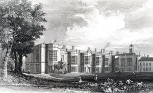 New Hall, lähellä Chelmsfordia, Essex, kaiverrettu William Watkinsin toimesta, noin 1832. tekijältä William Henry Bartlett