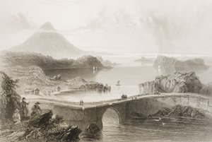 Pontoonisilta Lough Connissa, Mayon kreivikunnassa, Irlannissa, George Virtuen "Scenery and Antiquities of Ireland", 1860-luku tekijältä William Henry Bartlett