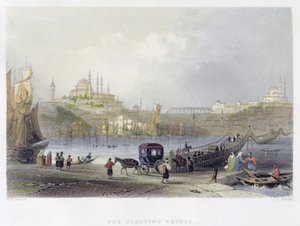 Kelluva silta, Istanbul, kaiverrettu J.C. Bentley, noin 1850 (akvatintta). tekijältä William Henry Bartlett