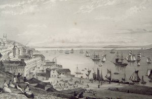 Näkymä Cobh Harbouriin Rostellaniin Corkin kreivikunnassa Irlannissa 1830-luvulla George Virtuen 1860-luvun teoksesta "Scenery and Antiquities of Ireland" tekijältä William Henry Bartlett