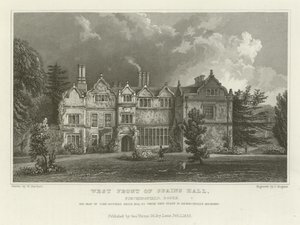 Spains Hallin länsijulkisivu, Finchingfield, Essex, John Ruggles Bricen, Esquire-herran, kotipaikka. tekijältä William Henry Bartlett