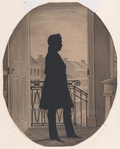 Nuoren miehen siluetti avoimen ikkunan edessä, oikealle päin, ennen vuotta 1860. tekijältä William Henry Brown