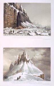 N.E. Amerikan niemi ja osa Leopold Islandia (ylhäällä) ja kallioiden päätepiste lähellä Whaler Pointia, Port Leopold (alhaalla) teoksesta "Kymmenen värillistä näkymää hänen majesteettinsa arktisen retkikunnan aikana"