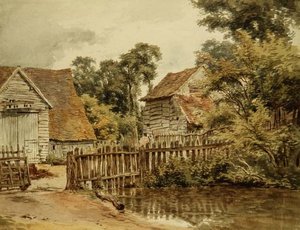 Maatilan piha ja lampi (vesiväri paperille) tekijältä William Henry Hunt
