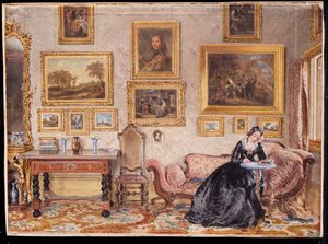 Olohuoneen sisustus, jossa nainen on kirjoituspöytänsä ääressä tekijältä William Henry Hunt