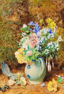 Vaaleansininen kiinalainen kannu, jossa on nummeja ja pieniä kukkia, n. 1860