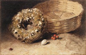 Asetelma korin, pesän, kananmunan, punaherukoiden ja leppäkertun kanssa tekijältä William Henry Hunt