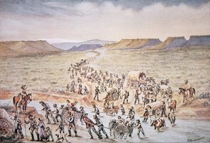 Mormonien käsikärryjen pioneerit matkalla länteen Utahiin vuonna 1850 (värilitho)