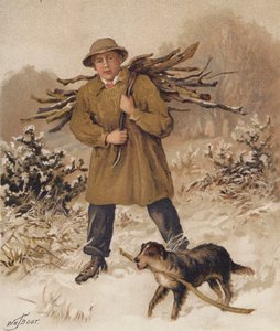 Mies ja koira keräämässä polttopuita (chromolitho) tekijältä William Henry James (after) Boot