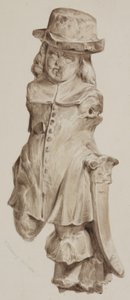 Kaiverrettu tammihahmo, aikoinaan Boars Head Tavernin paikalle rakennetun talon ovessa, Eastcheap, 1834 (pesu paperille) tekijältä William Henry Kearney