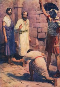 Paavali ja Silas vankilassa, Thomas Nelsonin julkaisemasta Raamatun kuvakirjasta (The Bible Picture Book), n. 1950.