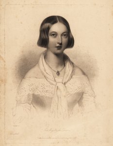Nuori kuningatar Victoria, 20-luvun alussa. Teräspistekaiverrus William Henry Mote William Drummondin kuvituksen jälkeen Charles Heathin teoksesta English Pearls tai muotokuvat budoaarille, Tilt and Boguelle, Lontoo