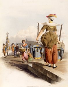 A Milkmaid, pubista The Costumes of Great Britain. Henry Miller, 1805 (käsinvärinen printti) tekijältä William Henry Pyne