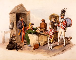 Sallop-myyjä, joka tarjoilee lämmitettyjä kuumia juomia, teoksesta The Costumes of Great Britain, 1808 tekijältä William Henry Pyne