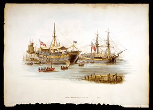 Vankila kuljettaa rahoja tai tarjouksia Thamesissa Lontoon Towerin edustalla, 1805