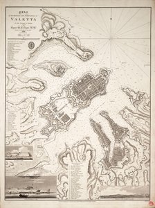 Maltan saarella sijaitsevan Valettan satamien ja linnoitusten suunnitelma, noin 1821 (kaiverrus). tekijältä William Henry Smyth