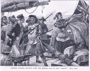 Kiinan upseerit nostamassa Britannian lippua "nuolella" 1856 jKr
