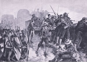 Laagerin puolustaminen zulun hyökkäystä vastaan, kuvitus brittiläisistä taisteluista maalla ja merellä, 1915