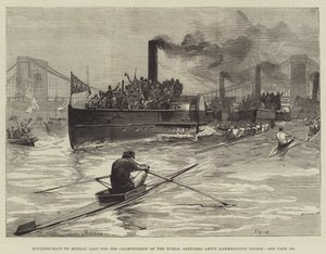 Sculling-kilpailu maanantaina Viimeinen maailmanmestaruuskilpailu, luonnosteltu Hammersmithin sillan yläpuolella.
