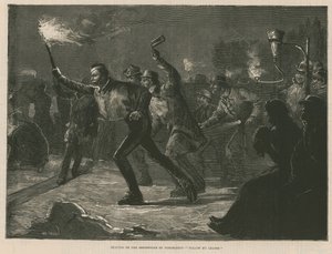Luistelu serpentiinillä taskulamppujen valossa (kaiverrus) tekijältä William Heysham Overend