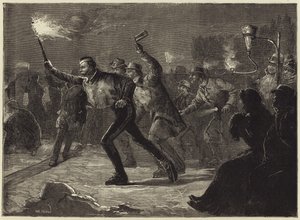 Luistelu serpentiinillä taskulamppujen valossa (kaiverrus) tekijältä William Heysham Overend