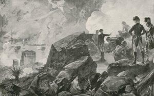 Brittiläiset tuhosivat espanjalaiset patterilaivat Gibraltarilla. tekijältä William Heysham Overend