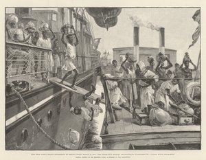 Emin Pashan avustusretkikunta Banana Pointissa 18. maaliskuuta 1887, höyrylaiva Madura siirsi matkustajia Kongo-joen höyryveneeseen tekijältä William Heysham Overend