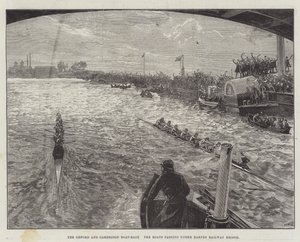 Oxford ja Cambridge Boat-Race, veneet kulkevat Barnesin rautatiesillan alta
