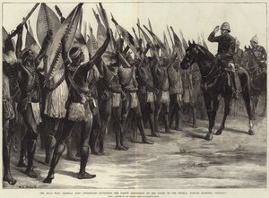 Zulu-sota, kenraali Lordi Chelmsford arvioi alkuperäiskontingenttia Tugelan rannoilla, alkuperäisasukkaat huutavat H-H-Ooo! tekijältä William Heysham Overend