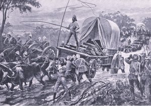 Zulusota: Estowen apujoukot ylittävät puron, huhtikuu 1879, kuvitus teoksesta British Battles on Land and Sea , 1915.