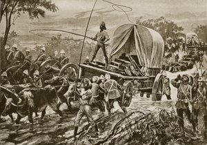 Zulusota: Etshowen apujoukot ylittävät puroa, huhtikuu 1879.