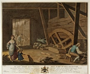 Sisäkuva Scutch Mill -myllystä, levy V teoksessa The Linen Manufactory of Ireland, 1791 ,