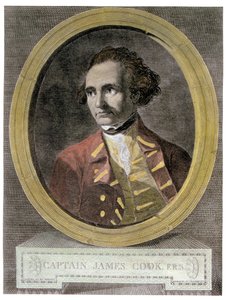 Kapteeni James Cookin (1728-79) muotokuva "Matka maailman ympäri etelänavalle" -elokuvan etuosasta (myöhempi väritys) tekijältä William Hodges