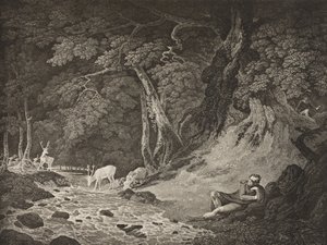 Ardenin metsä, näytös II, kohtaus I, "As You Like It", Boydell Shakespeare Gallerysta, julkaistu 1800-luvun lopulla tekijältä William Hodges