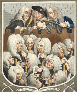 Lääkäreiden konsultaatio eli The Company of Undertakers, esimerkki teoksesta "Hogarth Restored: The Whole Works of the Posted William Hogart, uudelleenkaiverrettu Thomas Cook", pub. 1812 (käsin väri tekijältä William Hogarth