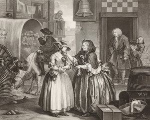 Porton edistyminen / Huoran tie, Arkki 1: Saapuminen Lontooseen. 1732 tekijältä William Hogarth