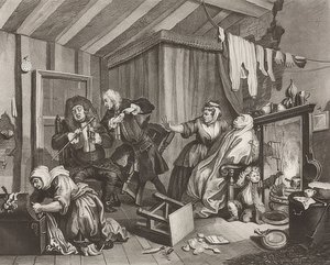 Porton edistyminen / Huoran tie. Arkki 5: Kuolema. 1732 tekijältä William Hogarth