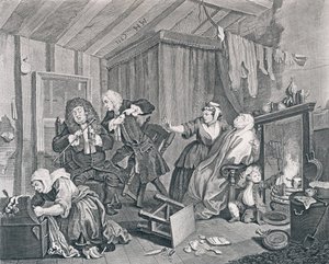 Porton edistyminen, levy viisi: Vanhenee, kun lääkärit kiistelevät, 1732 (etsaus ja kaiverrus) tekijältä William Hogarth