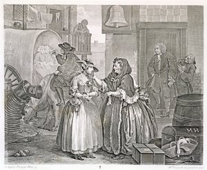 Porton edistyminen, Levy yksi: Procuressin vangittuna, 1732 (etsaus ja kaiverrus) tekijältä William Hogarth