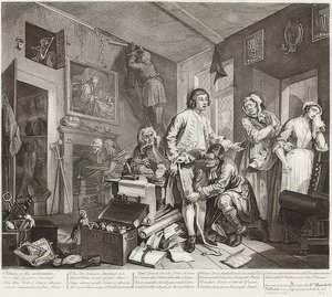 A Rake? S Progress, levy 1: Rake ottaa hänen kiinteistönsä haltuunsa / Der Weg eines Liederlichen, Blatt 1: Die Erbschaft. 1735 tekijältä William Hogarth