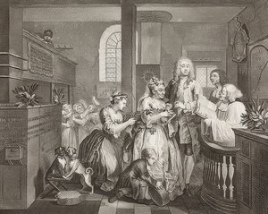 A Rake? S Progress, levy 5: Rake naimisiin vanhan naisen kanssa / The Path of Dissolute, Sheet 5: Tom Rakewell menee naimisiin rikkaan vanhan naisen kanssa). 1735 tekijältä William Hogarth