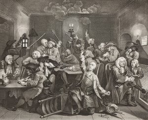 A Rake? S Progress, levy 6: Rake pelitalossa, taulukko 6: Tom Rakewell uhkapeliluolassa. 1735 tekijältä William Hogarth