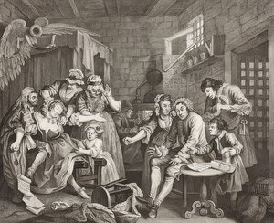 A Rake? S Progress, levy 7: Rake in Prison / The Path of a Verbosome, Sheet 7: Tom Rakewell vankilassa. 1735 tekijältä William Hogarth