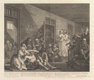 A Rakes Progress, levy 8, [25. kesäkuuta 1735] julkaistu uudelleen 1763. tekijältä William Hogarth