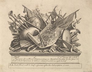 Aseet, musiikki-instrumentit jne., maaliskuu 1749-50. tekijältä William Hogarth