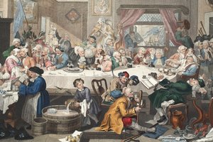 Election Entertainment, kuvitus teoksesta "Hogarth Restored: The Whole Works of kuuluisan William Hogarthin, uudelleenkaiverrettu Thomas Cook", pub. 1812 (käsinvärinen kaiverrus) tekijältä William Hogarth